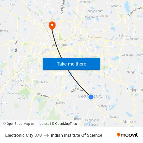 Electronic City 378 to Indian Institute Of Science map
