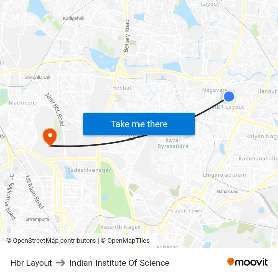 Hbr Layout to Indian Institute Of Science map