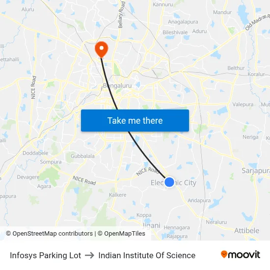 Infosys Parking Lot to Indian Institute Of Science map
