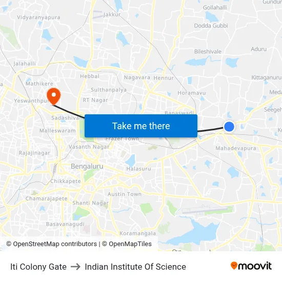 Iti Colony Gate to Indian Institute Of Science map
