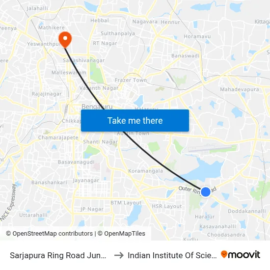 Sarjapura Ring Road Junction to Indian Institute Of Science map