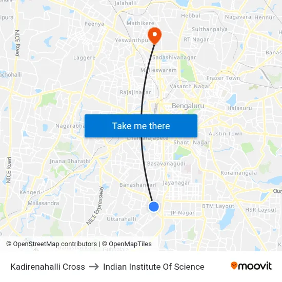 Kadirenahalli Cross to Indian Institute Of Science map