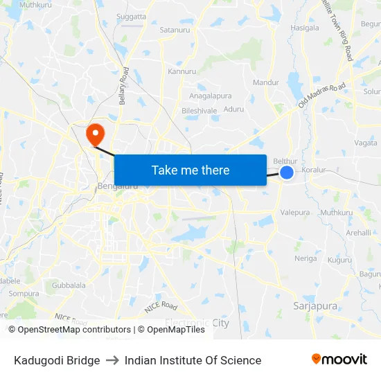 Kadugodi Bridge to Indian Institute Of Science map