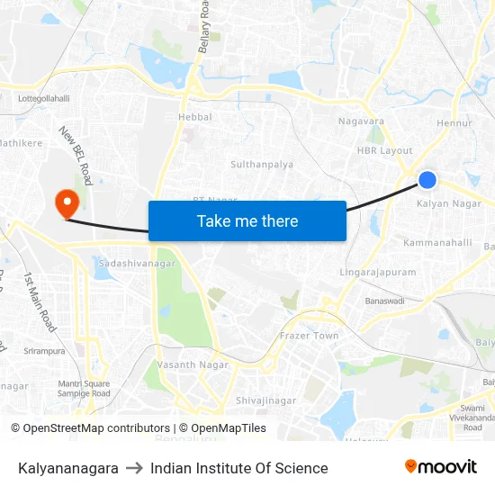 Kalyananagara to Indian Institute Of Science map