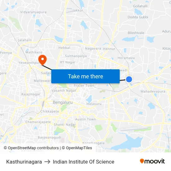 Kasthurinagara to Indian Institute Of Science map