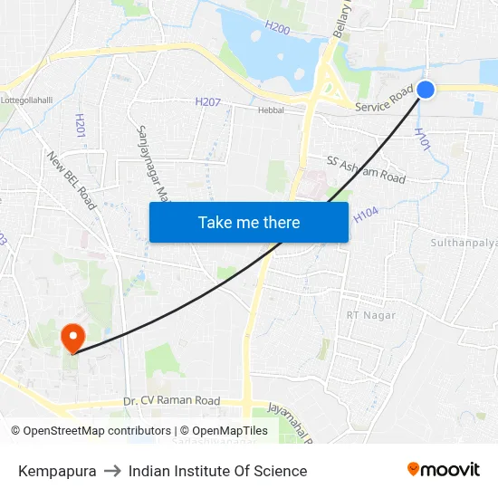 Kempapura to Indian Institute Of Science map