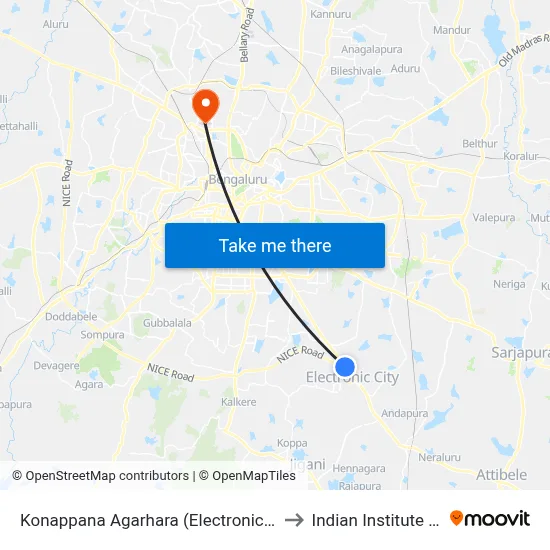 Konappana Agarhara (Electronic City Metro Station) to Indian Institute Of Science map