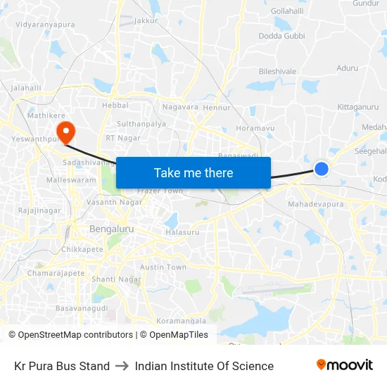 Kr Pura Bus Stand to Indian Institute Of Science map