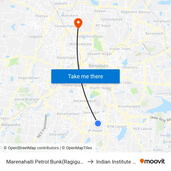 Marenahalli Petrol Bunk(Ragigudda Metro Station) to Indian Institute Of Science map