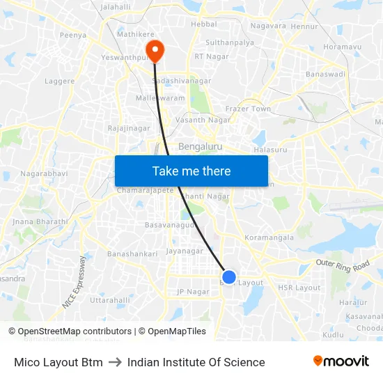 Mico Layout Btm to Indian Institute Of Science map