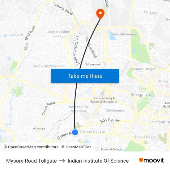 Mysore Road Tollgate to Indian Institute Of Science map