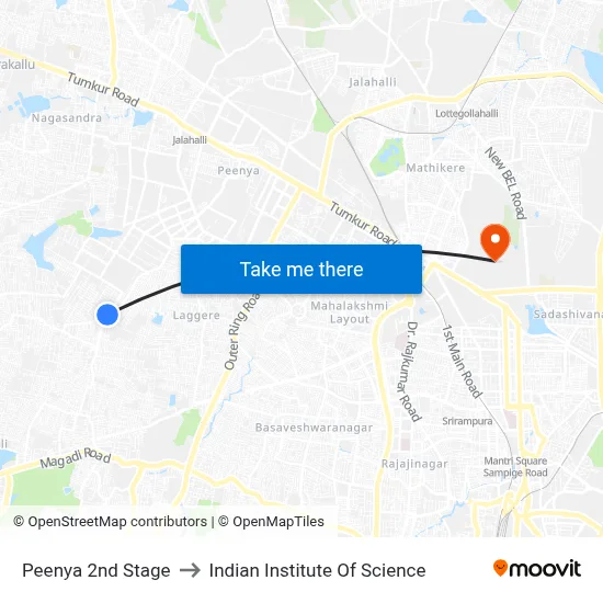 Peenya 2nd Stage to Indian Institute Of Science map
