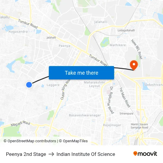 Peenya 2nd Stage to Indian Institute Of Science map