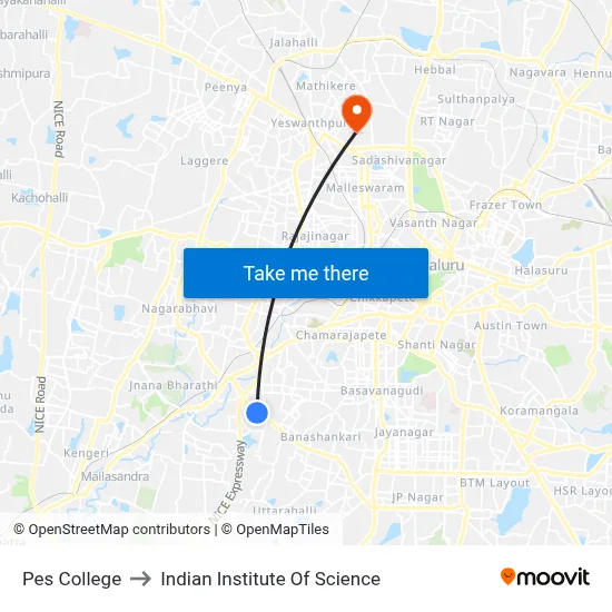 Pes College to Indian Institute Of Science map