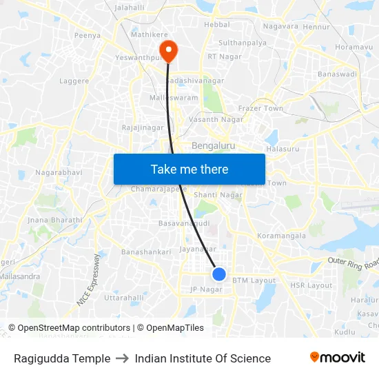 Ragigudda Temple to Indian Institute Of Science map