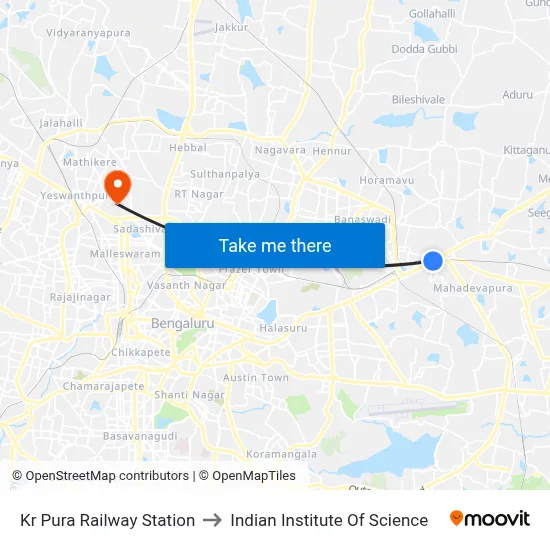 Kr Pura Railway Station to Indian Institute Of Science map