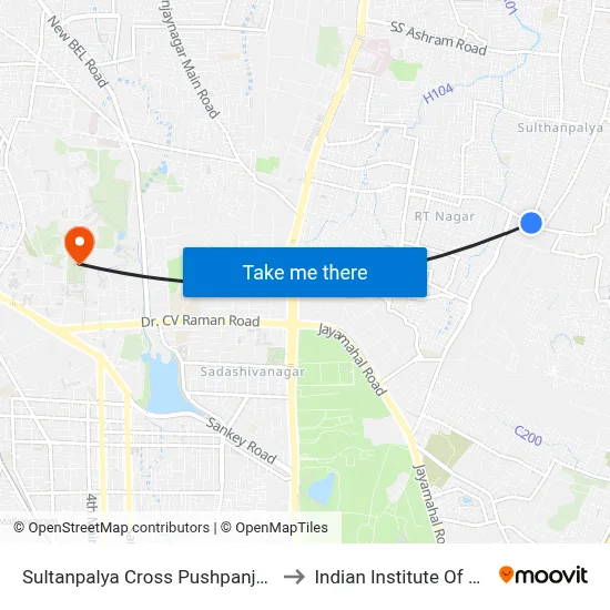 Sultanpalya Cross Pushpanjali Talkies to Indian Institute Of Science map