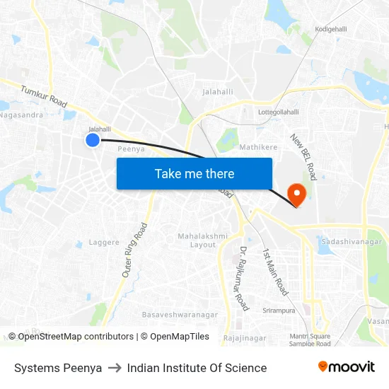 Systems Peenya to Indian Institute Of Science map
