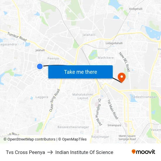 Tvs Cross Peenya to Indian Institute Of Science map