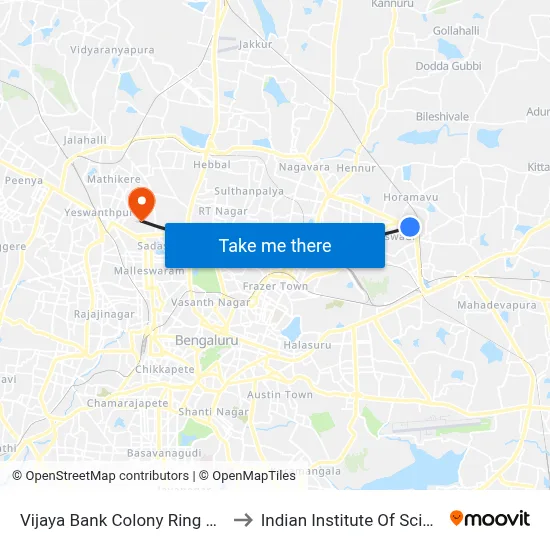 Vijaya Bank Colony Ring Road to Indian Institute Of Science map