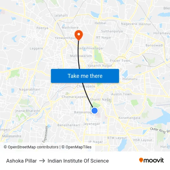 Ashoka Pillar to Indian Institute Of Science map