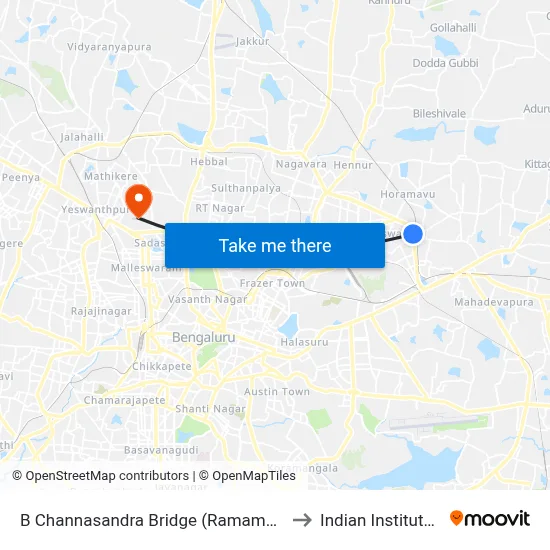 B Channasandra Bridge (Ramamurthy Nagara Ring Road) to Indian Institute Of Science map