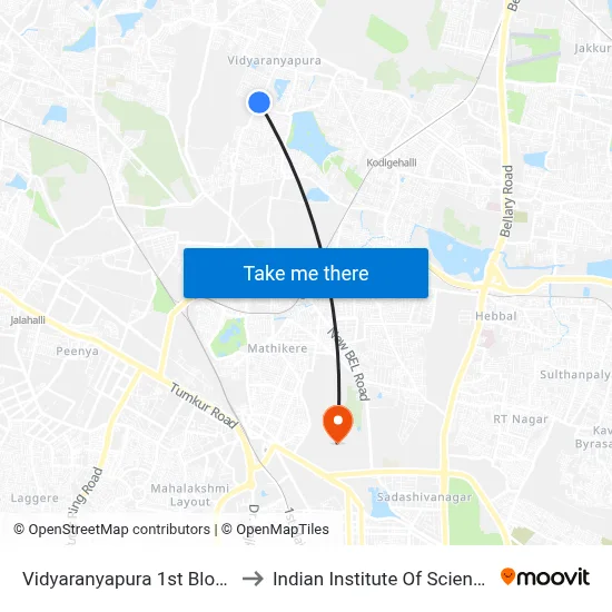 Vidyaranyapura 1st Block to Indian Institute Of Science map