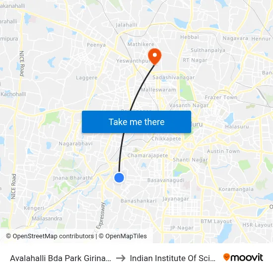 Avalahalli Bda Park Girinagara to Indian Institute Of Science map