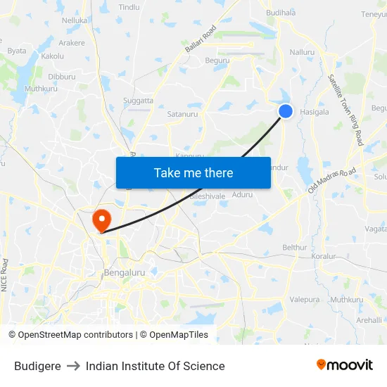 Budigere to Indian Institute Of Science map
