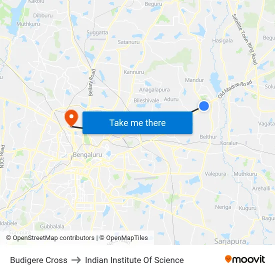 Budigere Cross to Indian Institute Of Science map