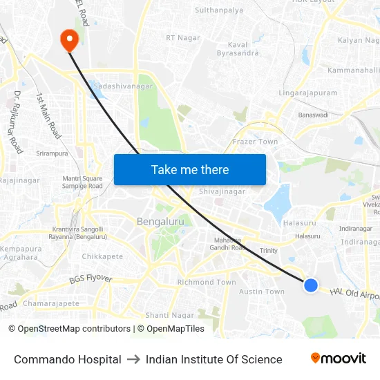 Commando Hospital to Indian Institute Of Science map