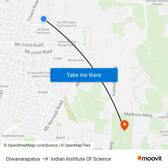 Diwanarapalya to Indian Institute Of Science map