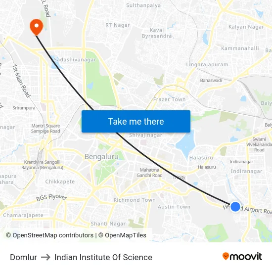 Domlur to Indian Institute Of Science map