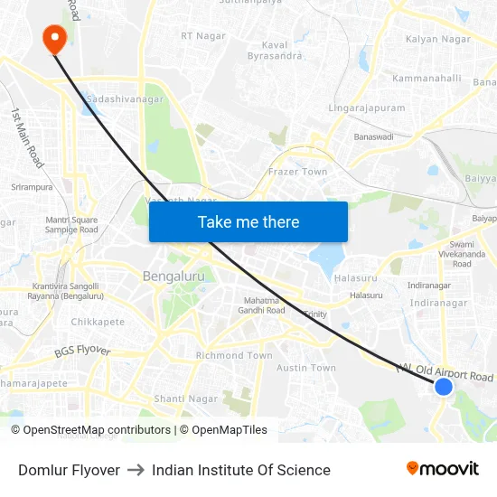 Domlur Flyover to Indian Institute Of Science map