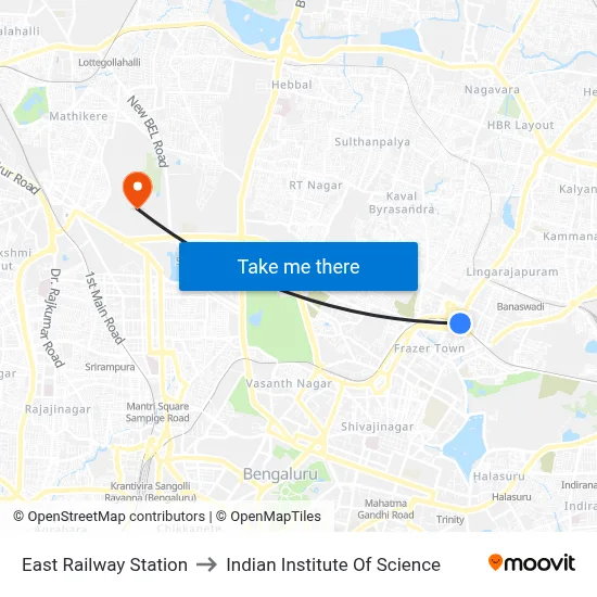 East Railway Station to Indian Institute Of Science map