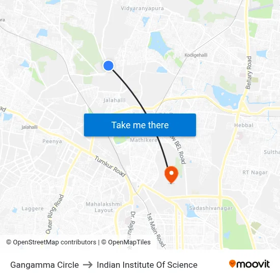 Gangamma Circle to Indian Institute Of Science map