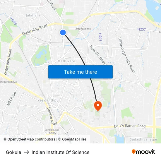 Gokula to Indian Institute Of Science map
