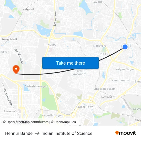Hennur Bande to Indian Institute Of Science map