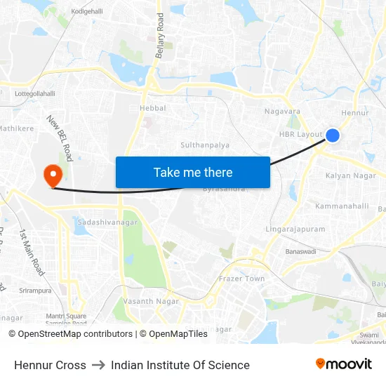 Hennur Cross to Indian Institute Of Science map
