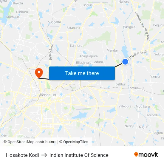 Hosakote Kodi to Indian Institute Of Science map