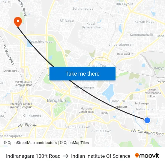 Indiranagara 100ft Road to Indian Institute Of Science map