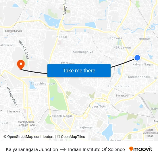 Kalyananagara Junction to Indian Institute Of Science map