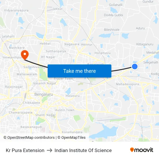 Kr Pura Extension to Indian Institute Of Science map