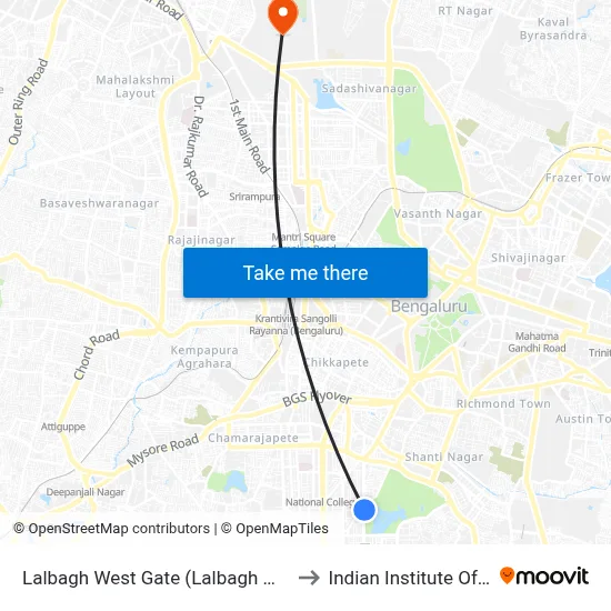 Lalbagh West Gate (Lalbagh Metro Station) to Indian Institute Of Science map
