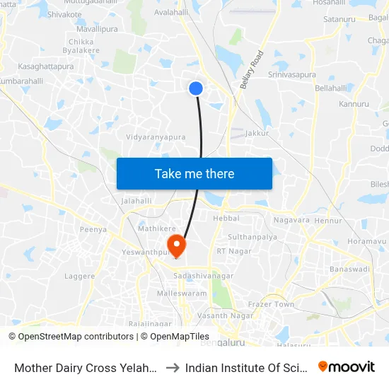 Mother Dairy Cross Yelahanka to Indian Institute Of Science map