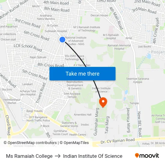 Ms Ramaiah College to Indian Institute Of Science map