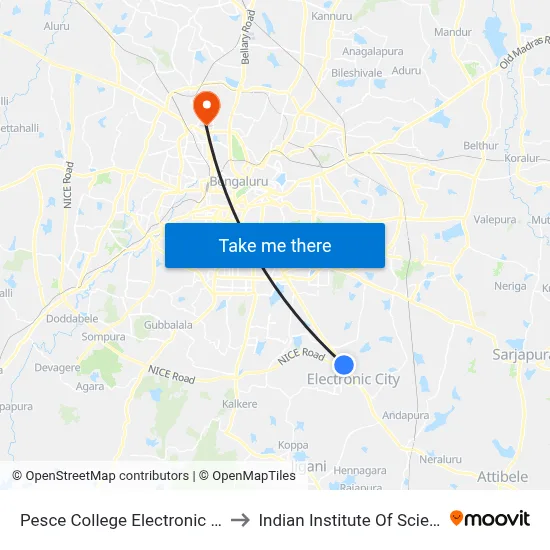 Pesce College Electronic City to Indian Institute Of Science map