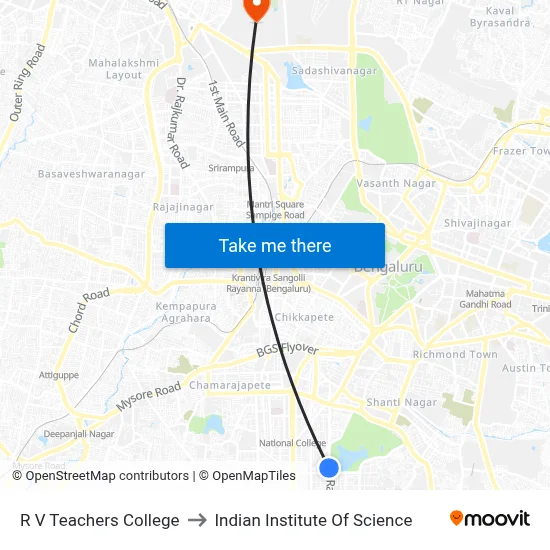 R V Teachers College to Indian Institute Of Science map