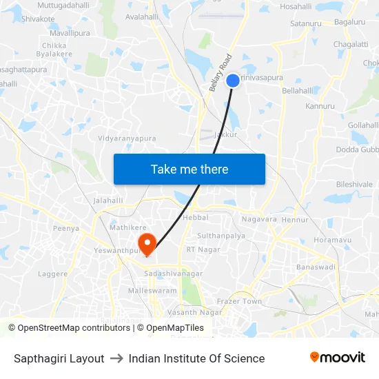 Sapthagiri Layout to Indian Institute Of Science map