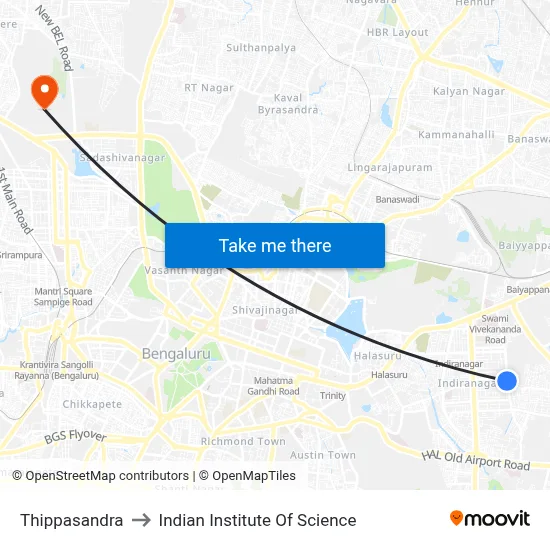 Thippasandra to Indian Institute Of Science map